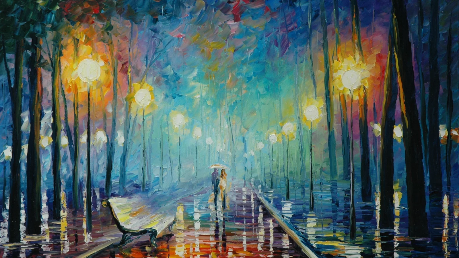 leonid afremov, осень, живопись, пара, лавочка, дождь, зонтик