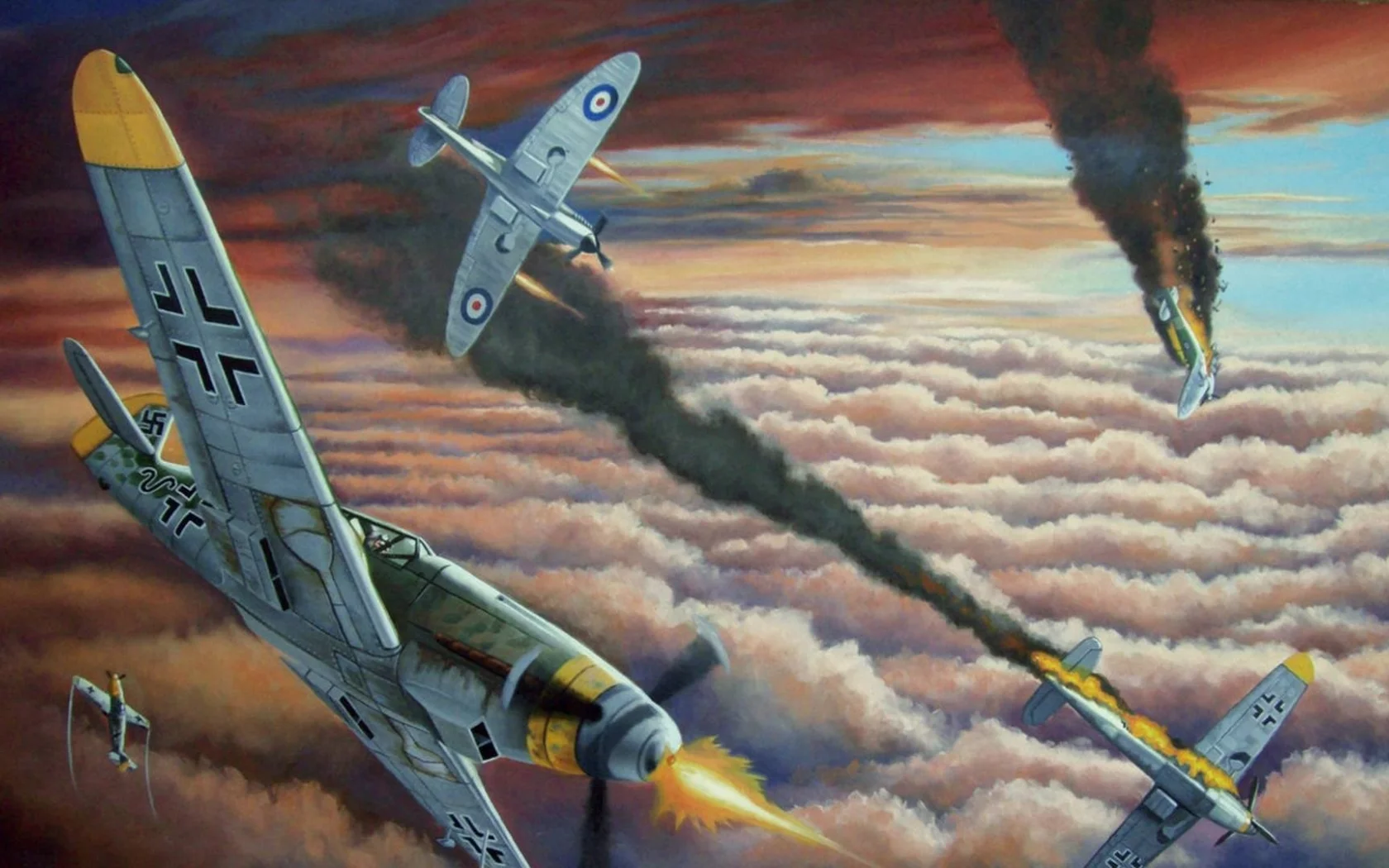 бой, мессер, арт, рисунок, подбит, spitfire, дым, supermarine, bf-109