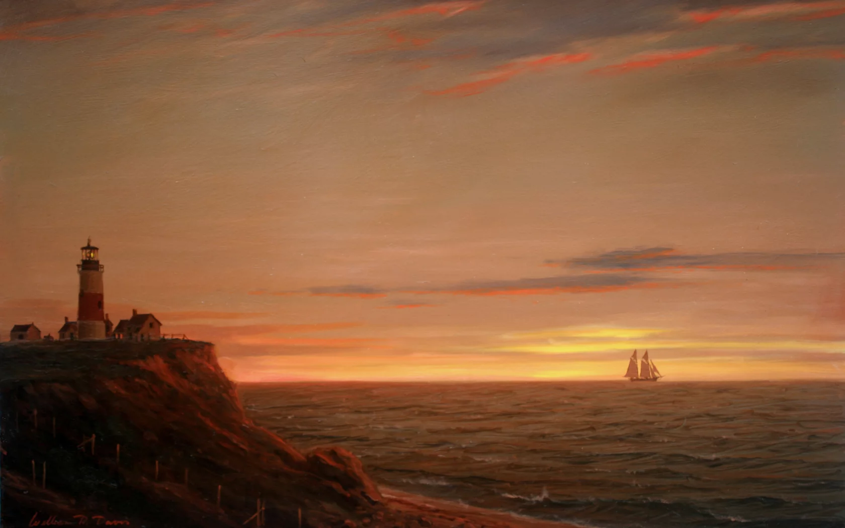 маяк, корабль, парусник, william davis, картина, пейзаж, море
