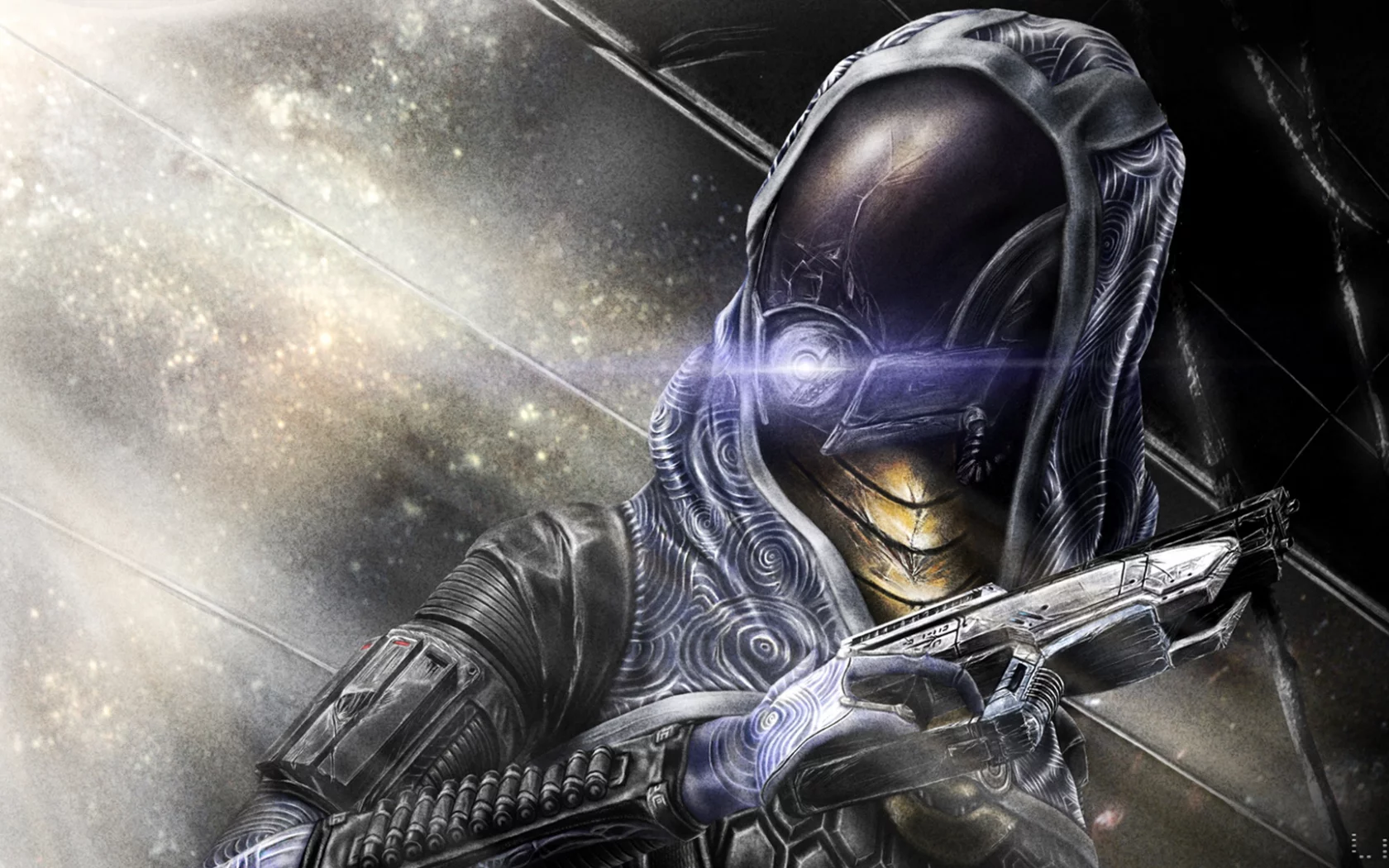 шлем, mass effect, tali zorah, трещины, девушка, пистолет