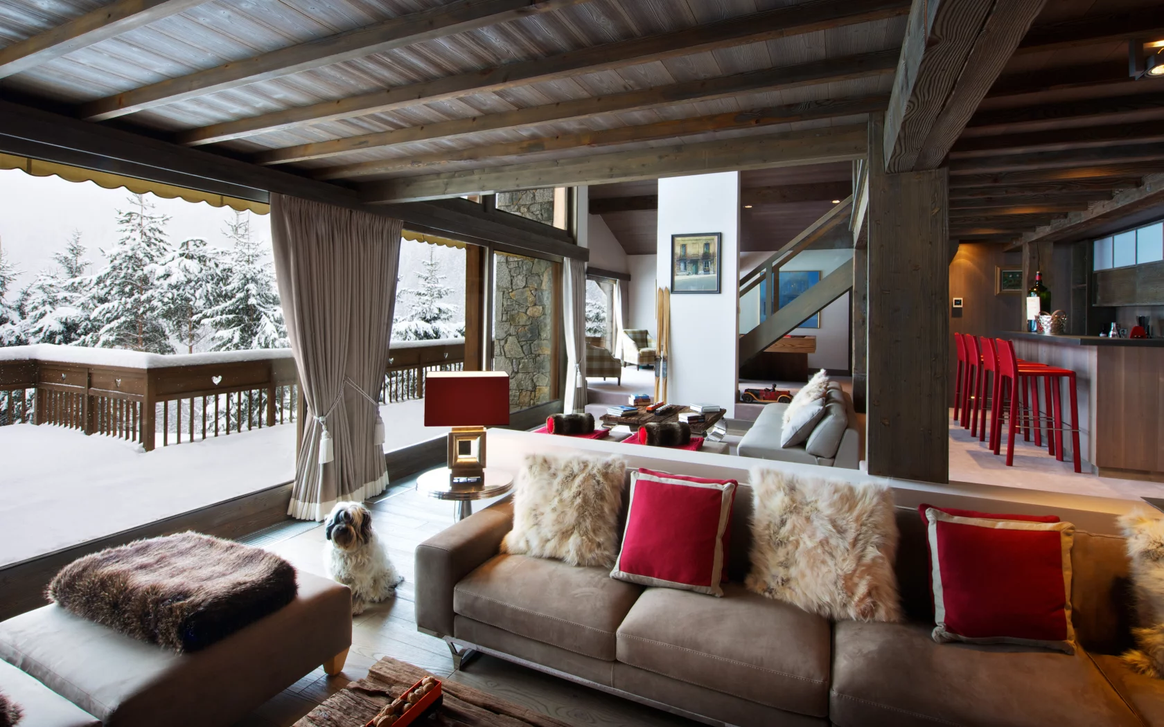 interior, hauses, балкон, столик, окна, снег, диваны, дом