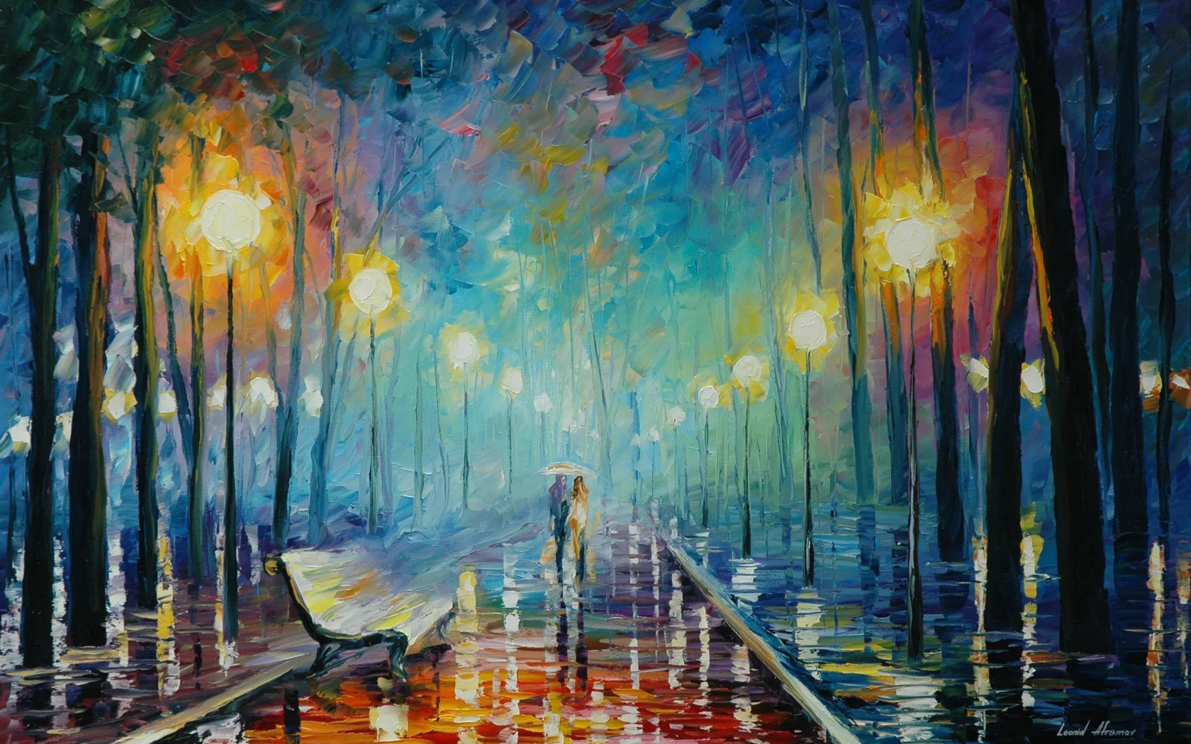 leonid afremov, осень, живопись, пара, лавочка, дождь, зонтик