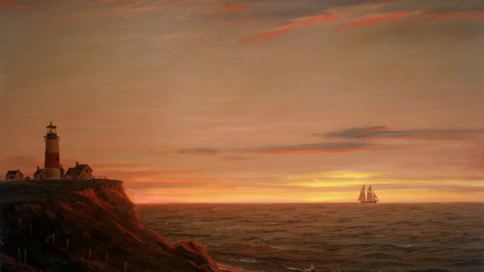 маяк, корабль, парусник, william davis, картина, пейзаж, море