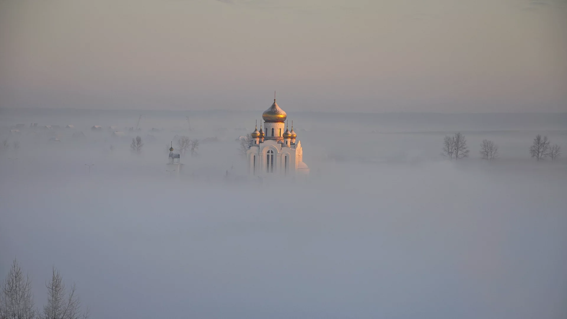 храм, купола, пейзаж, туман