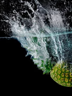 макро, вода, черный фон, брызги, ананас, фрукт