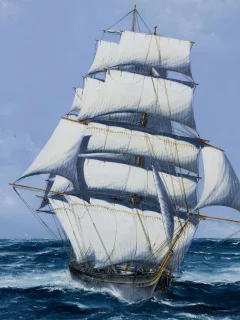 парусник, чайки, корабль, мачты, паруса, рисунок, море