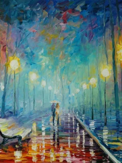 leonid afremov, осень, живопись, пара, лавочка, дождь, зонтик