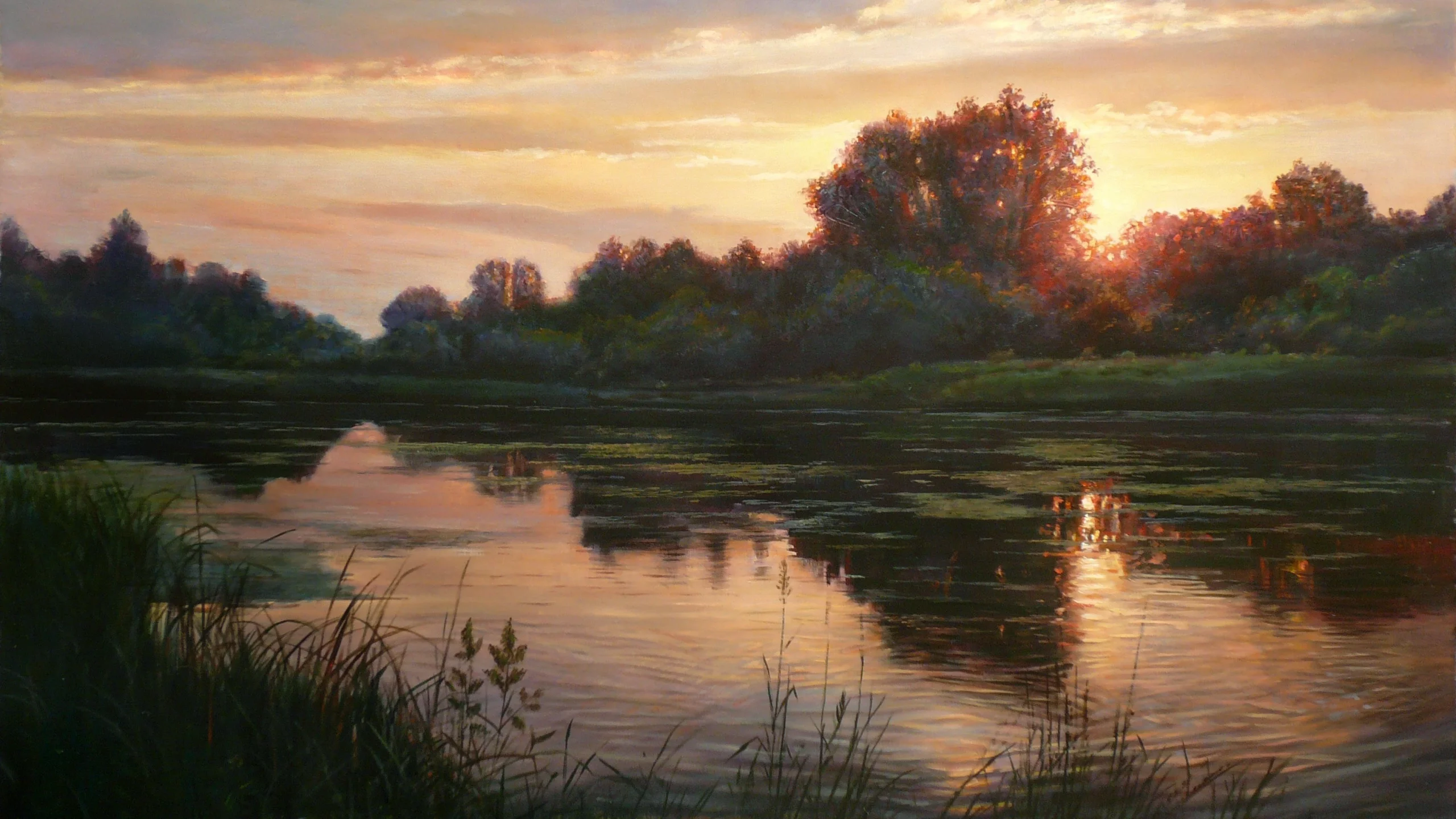 озеро, отражение, zbigniew kopania, закат, картина, пейзаж