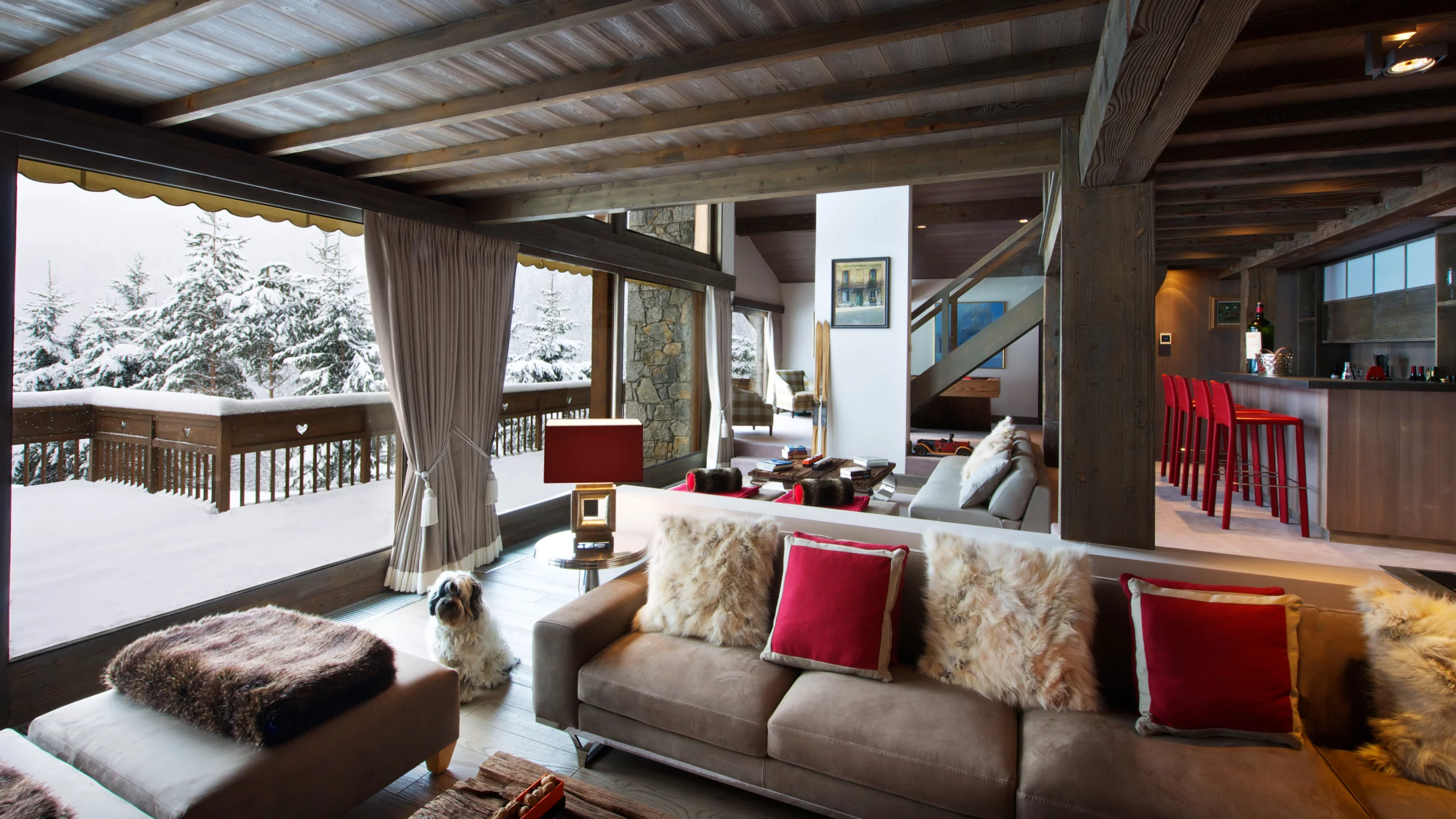 interior, hauses, балкон, столик, окна, снег, диваны, дом