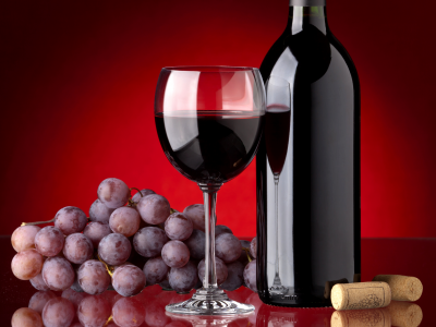 виноград, бокал, красное, вино, пробки, бутылка