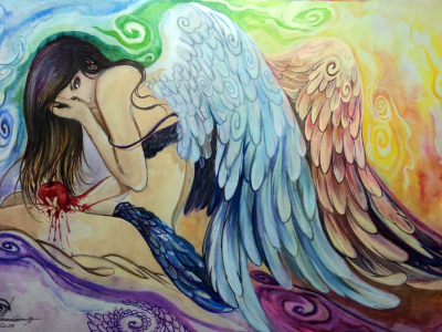 крылья, руки, девушка, живопись, ангел, поза, сидит