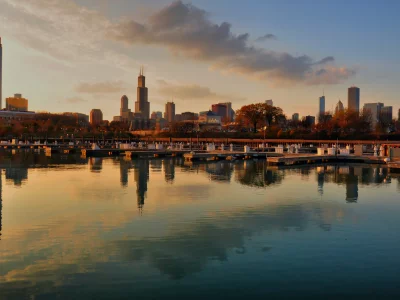 us, панорамма, небоскребы, город, вечер, il, чикаго, chicago
