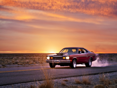plymouth duster, закат, дорога, muscle car