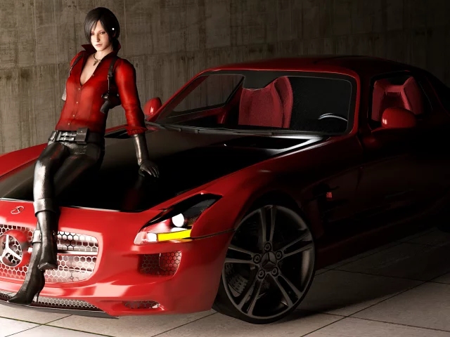 sls amg, девушка, roadster, mercedes benz, resident evil, ada, fan art, машина
