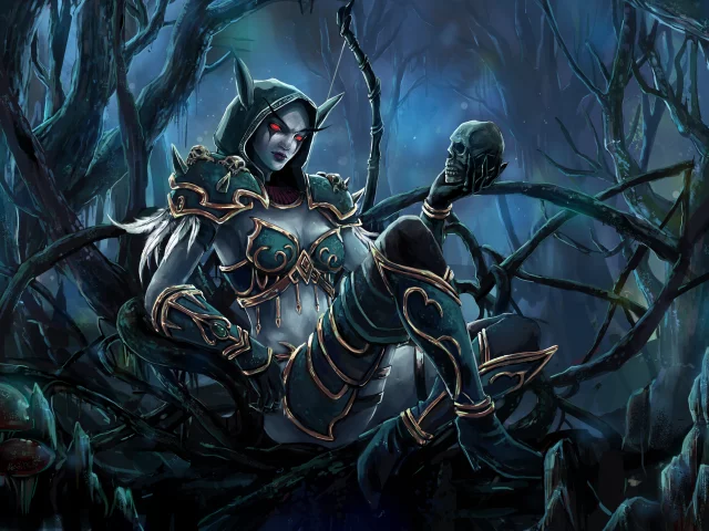 лук, wow, арт, девушка, череп, sylvanas, эльфийка, world of warcraft