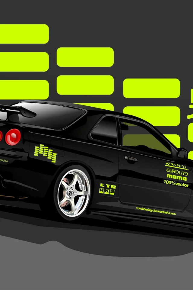 чёрный, скайлайн, black, skyline, rear, вектор, r34, ниссан, nissan