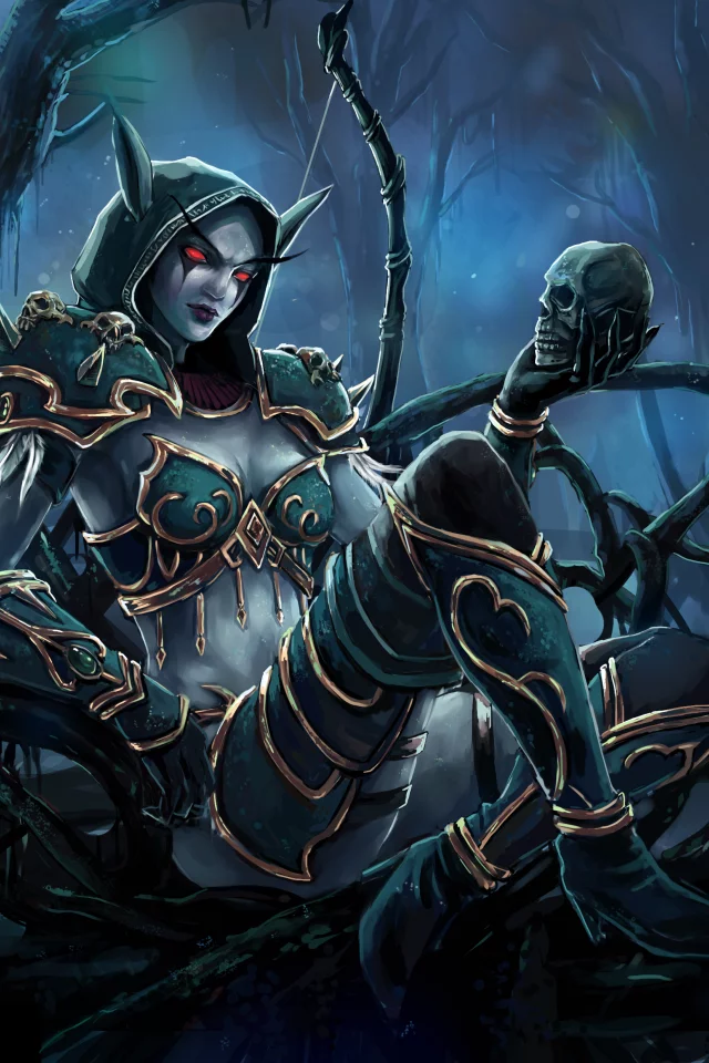 лук, wow, арт, девушка, череп, sylvanas, эльфийка, world of warcraft