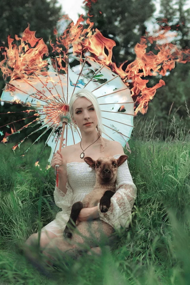 ситуация, огонь, девушка, зонт