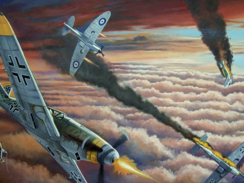 бой, мессер, арт, рисунок, подбит, spitfire, дым, supermarine, bf-109