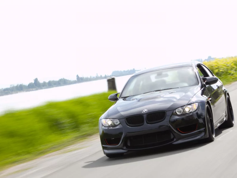 m3, дорога, река, bmw, размытие, зелень, черная, скорость