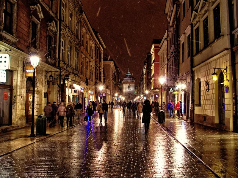 город, улица, краков, дождь, вечер, польша, polska , krak__w