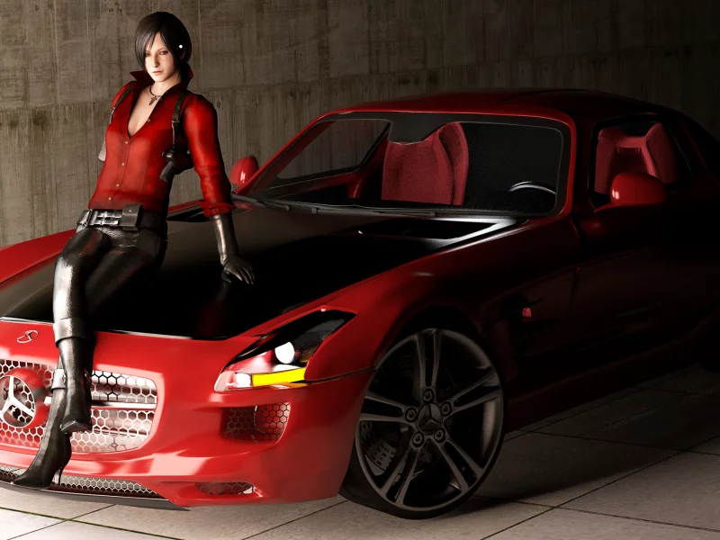 sls amg, девушка, roadster, mercedes benz, resident evil, ada, fan art, машина