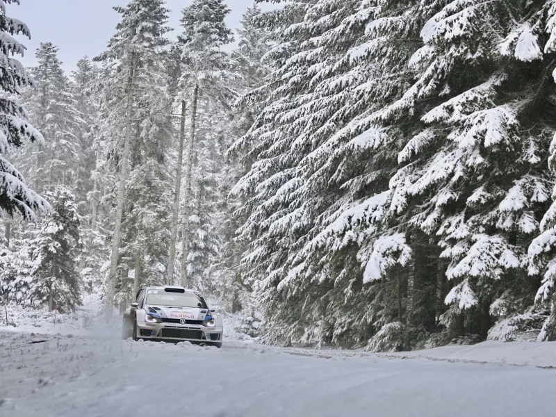 зима, volkswagen, rally, машина, лес, wrc, себастьен ожье, едет, polo