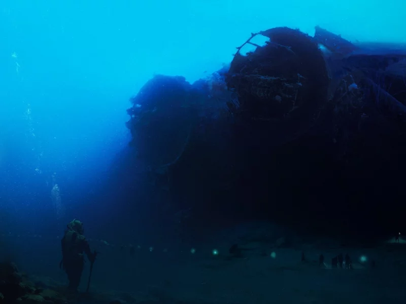 люди, водолаз, акваланг, море, корабль, под водой, арт