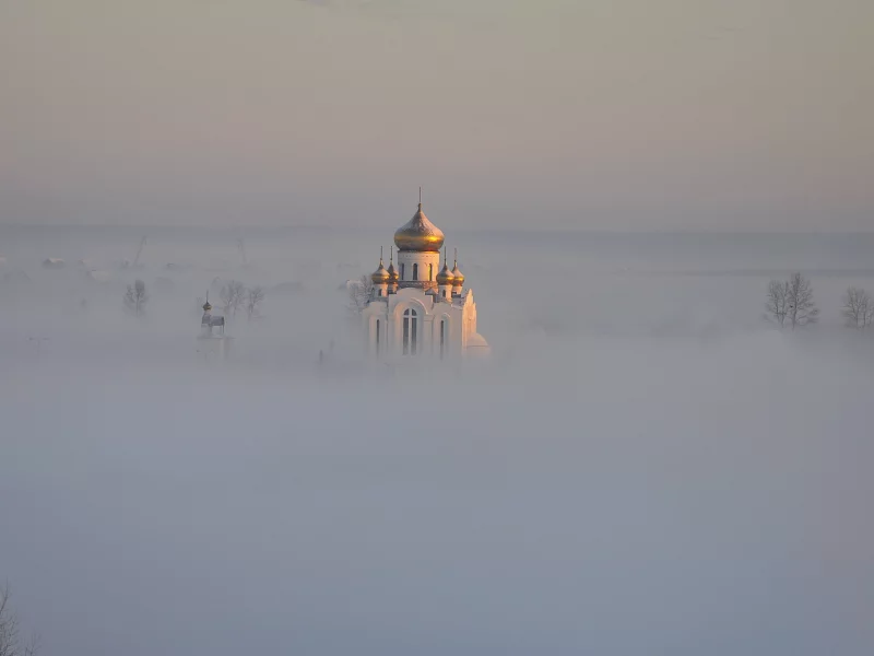 храм, купола, пейзаж, туман