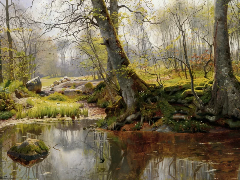 пейзаж, корни, peder mork monsted, деревья, лес, озеро, картина