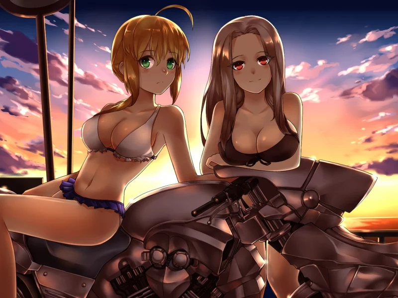 vlan, девочки, saber, мотоцикл, fate zero, арт, закат, irisviel von einzbern