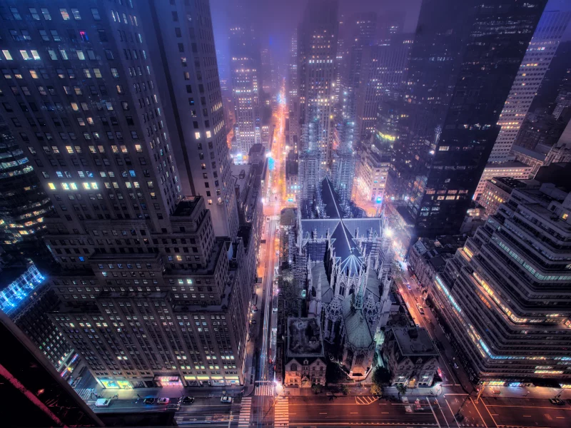 ночь, new york, улица, здания, огни, город, дорога, окна