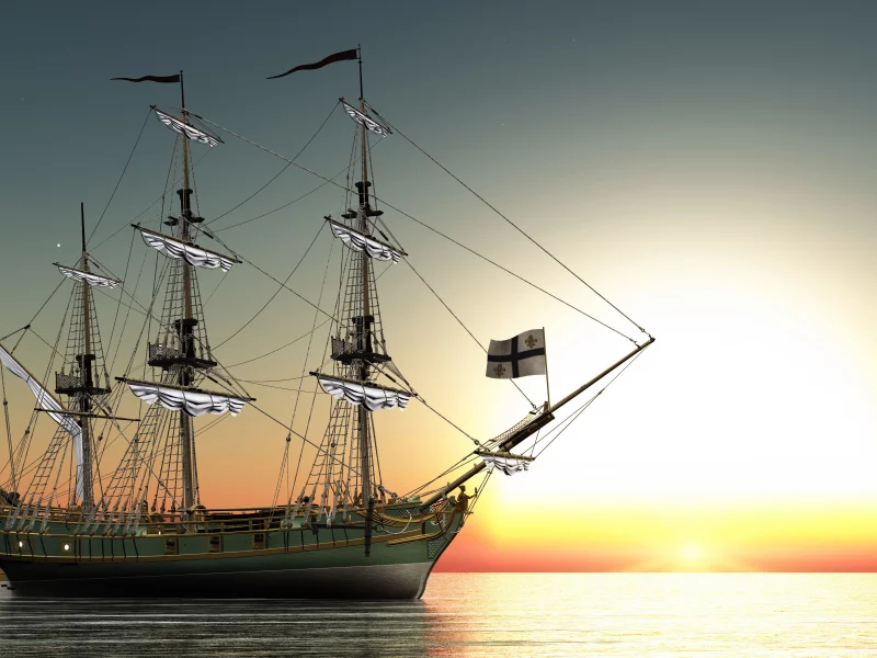 гладь, море, корабль, парусник, рассветы и закаты