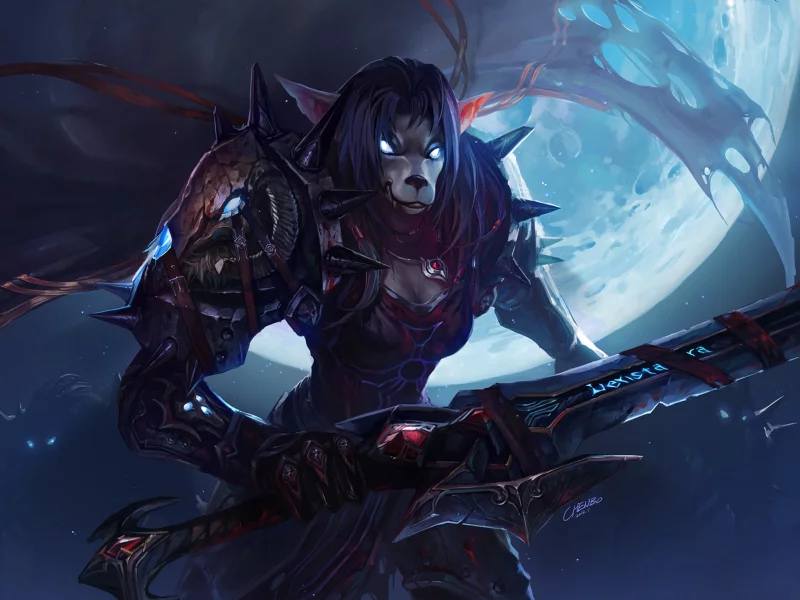 wow, worgen, меч, world of warcraft, воительница, доспехи, кровь