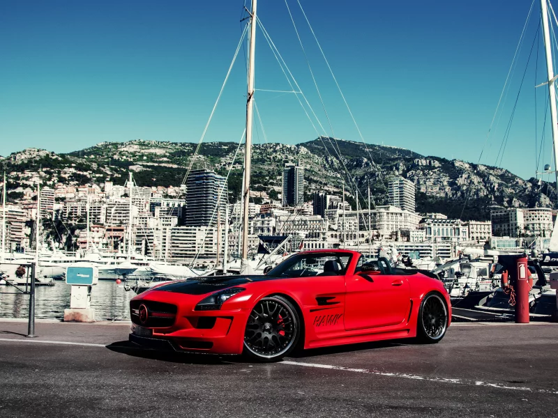 building, yacht, tuning, mercedes, amg, island мерседес, red, sls, mountains, hamann hawk