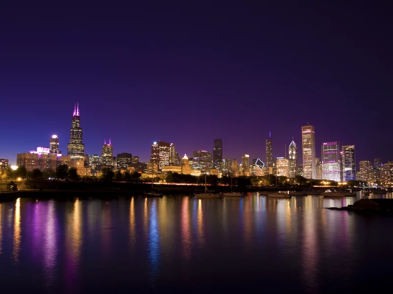 огни, city, illinois, набережная, вечер, usa, город, яхты, chicago