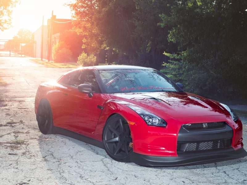 nissan, gtr, r35, деревья, красный, red, закат, ниссан, вечер, гтр