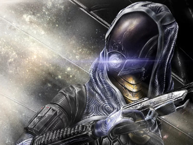 шлем, mass effect, tali zorah, трещины, девушка, пистолет