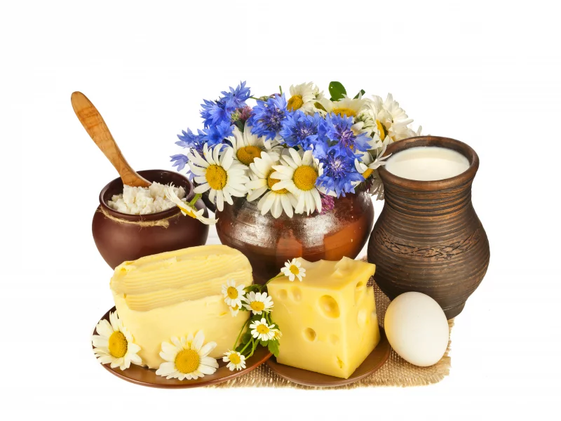 ромашки, горшочек, кувшины, циновка, блюдца, сыр, цветы