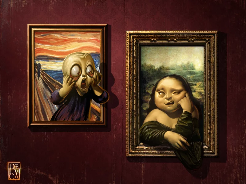 рожицы, арт, antonio de luca , галерея, mona lisa, the scream, картины