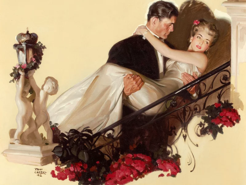 женщина, цветы, мужчина, картина, двое, платье, tom lovell