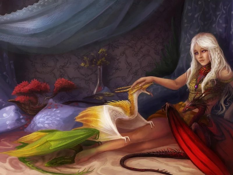 фэнтези, кровать, девушка, драконы, арт, game of thrones