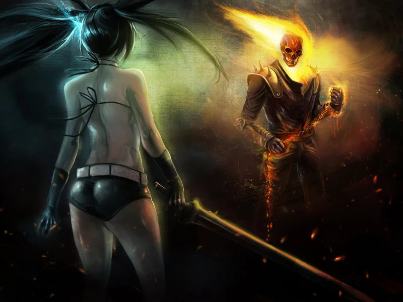 black rock shooter, призрачный гонщик, ghost rider, kuroi mato, арт