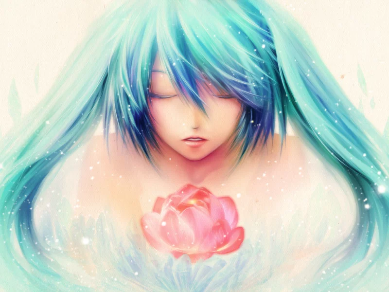 цветок, рисунок, vocaloid, hatsune miku, волосы