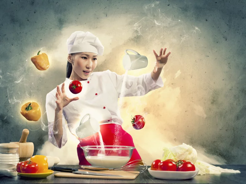 креатив, овощи, готовка, девушка, повар, перчик