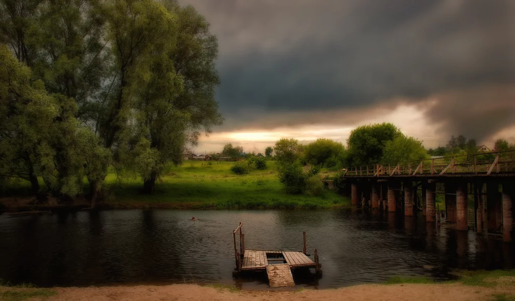 hdr, мост, река, пейзаж, ночь