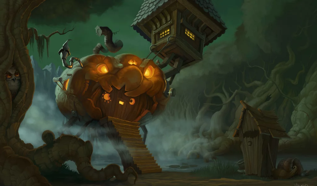 halloween , тыква, арт, сова, лес, дерево, болото, дом