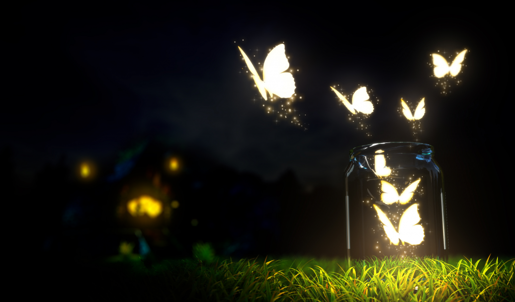 macro, grass, ground, bottle, blur, dark sky, night, glowing, butterflies, nature, beautiful