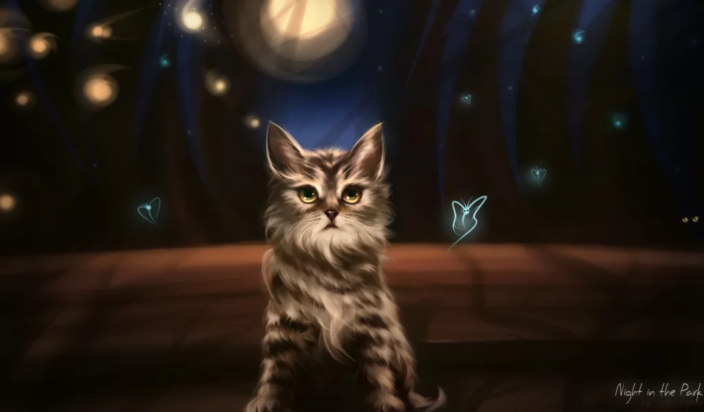 тени, скамейка, котёнок, вечер, парк, ночь, кошка, дикий