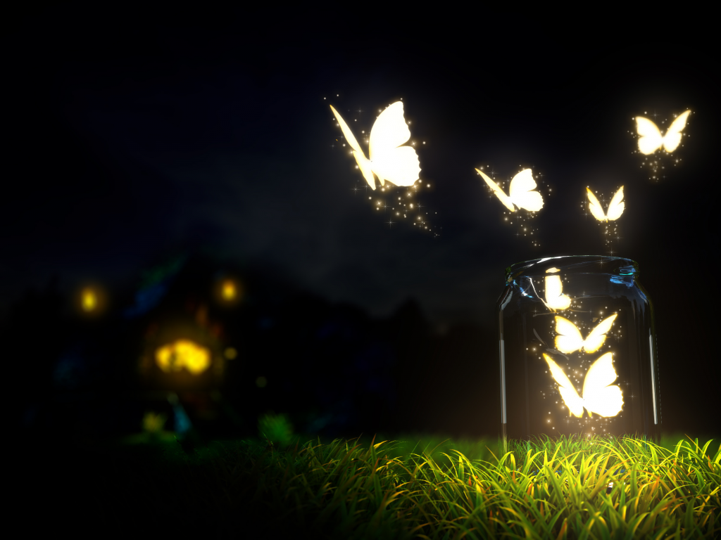 macro, grass, ground, bottle, blur, dark sky, night, glowing, butterflies, nature, beautiful